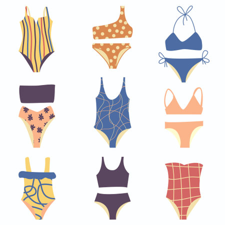 Set of swimsuits. Stylish swimwear design. Various types of woman beach fashion clothes, swimsuit, bikini. Summer items. Cute flat vector illustration, eps 10のイラスト素材