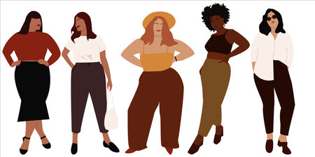Vector illustration of bodypositive women. Body positive movement and beauty diversity. A set of plus size women. Vector stock illustration isolated on white background. EPS 10のイラスト素材