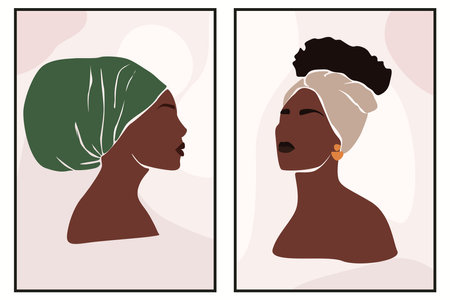 Abstract portrait illustration of african woman with tropic leaves. mid century poster. Modern Boho style background for art print, poster, card, decor. Stock vector illustrationのイラスト素材