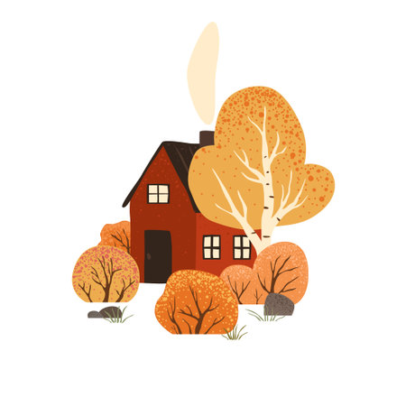 Scene with autumn trees and bushes and red house. Countryside landscape. Isolated on white background. Autumn nature. Stock flat vector illustrationのイラスト素材
