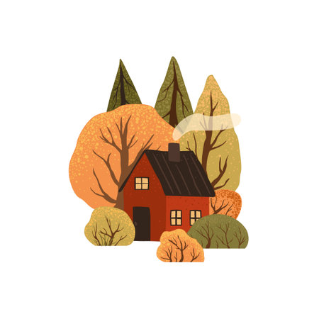 Scene with autumn trees and bushes and red house. Countryside landscape. Isolated on white background. Autumn nature. Stock flat vector illustrationのイラスト素材