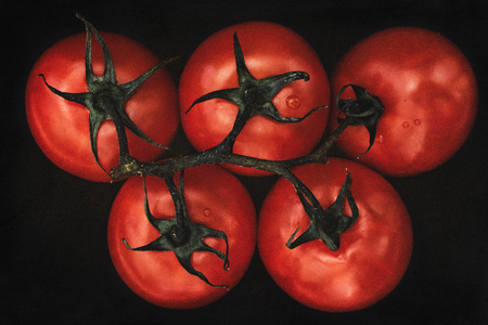 Red tomatoes on a black background, top viewの写真素材