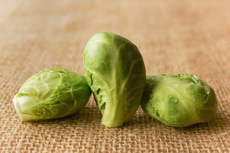Close Up of Brussels Sprouts on a Kitchen Table, Rustic Backgroundの写真素材