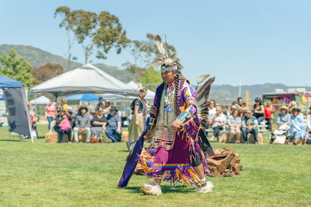 Native American Man in Full Regalia at 2019 21st Annual Chumash Day Powwow and Intertribal Gathering, Malibu, California, April 13, 2019のeditorial素材