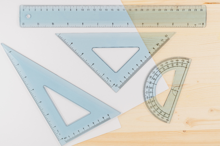 Ruler Combo Set. Ruler, Protractor, Triangle, Top View, Close Up