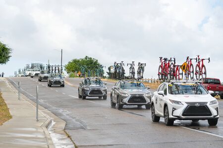 Amgen Tour of California. Stage 5. Cyclists breeze through Santa Barbara County. Rain. Orcutt, Santa Barbara County, California, May 16, 2019のeditorial素材