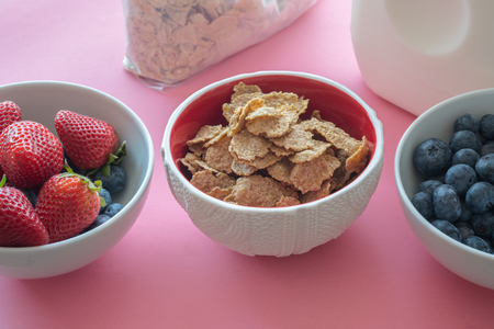 Toasted Oatmeal Flakes with Milk and Fresh Berries, Close up, in Pink Background.  Good Source of Fiber and Vitaminsの写真素材