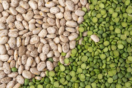 Green Split Peas and Pinto Beans Close Up Top View. Food Background, Dried Beans, Legume Familyの写真素材