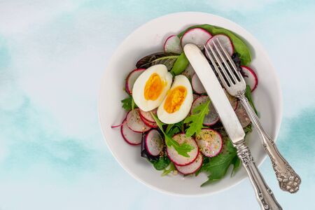 Herb Salad Mix with Radish and Egg, Top View, Copy Space. Keto Salad, Healthy Foodの写真素材