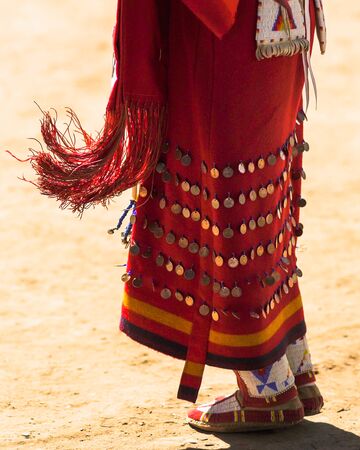 Pow Wow. Native American Woman Performing. Details of Clothes.   Chumash Day Powwow and Intertribal Gathering, Santa Barbara County, California.の写真素材