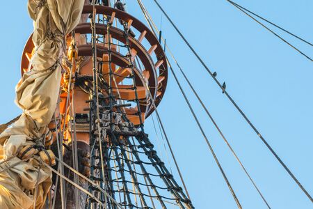 System of ropes, cables and chains, which support a sailing ship's mastの写真素材