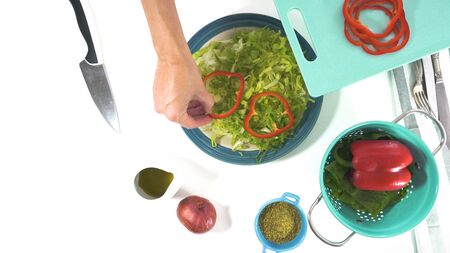 Vegetable salad on a plate, close up on white background. Fresh organic romaine lettuce, red pepper, onion, some seasoning, and olive oil.の写真素材