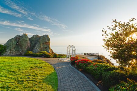 Cliff access walkway at Shell Beach, Pismo Beach area, California Coastline. Beautiful lighting, golden hourの写真素材