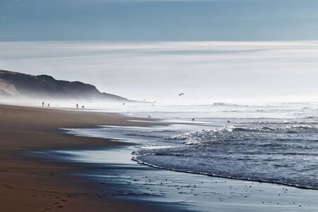 Stormy ocean surrounded by fog, silhouettes of people, and flock of birdsの写真素材