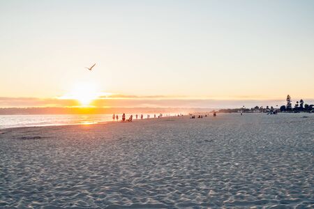Sunset on the beach. People walking on seashore during golden hourの写真素材