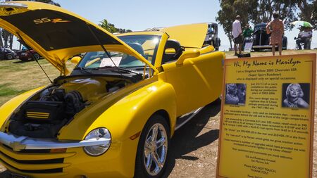 San Diego/USA - August 11, 2019  Main Street America Corvette Car Show in San Diego, CaliforniaSlingshot Yellow 2005 Chevrolet.  Retro Design was to replicate of Chevy pickups 1947-1955 era.のeditorial素材