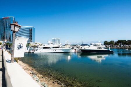 San Diego, California/USA - August 11, 2019  San Diego Promenade, Marina harbor, and Marriott Hotel. View from Seaport Villageのeditorial素材