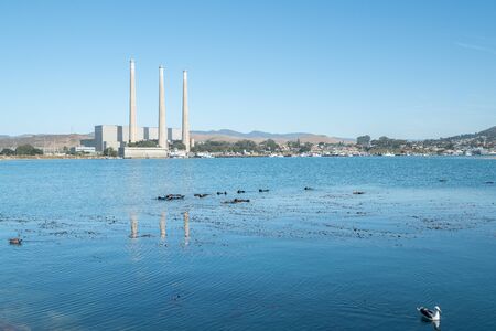 Morro Bay, California/USA - October 20, 2019   2019 A Power Plant on Morro Bay, California.  Three 450-feet-high Power Plant Visible from 10 Miles Awayのeditorial素材