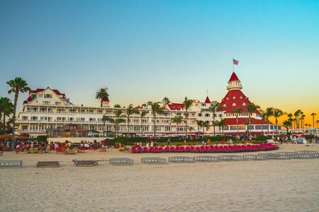 San Diego, California/USA - August 13, 2019 Historic resort on Coronado island Victorian hotel del Coronado at sunset.のeditorial素材