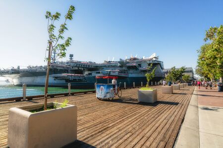 San Diego, California/USA - August 14, 2019  North Embarcadero Waterfront park, San Diego. Promenade, Maritime Museum, tourists, city lifeのeditorial素材