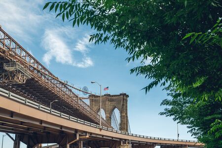 Brooklyn bridge over East River, Downtown Manhattan, New York Cityの写真素材