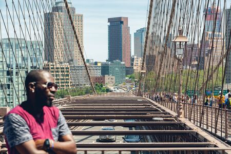 New York City/USA - May 26, 2019  Brooklyn Bridge, famous touristic attraction. Beautiful sunny day,  Manhattan skyline backgroundのeditorial素材