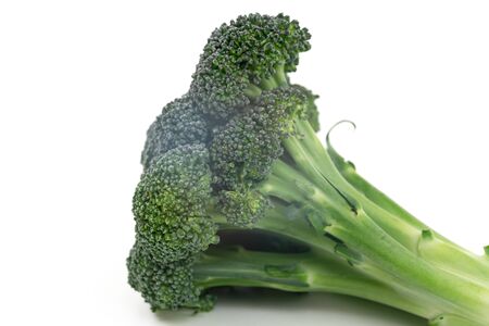 Broccoli florets. Close up of fresh organic broccoli florets isolated on white backgroundの写真素材