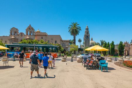 San Diego, California/USA - August 12, 2019 Beautiful sunny summer day in Balboa Park, San Diego, California. Tropical trees, architecture, touristsのeditorial素材