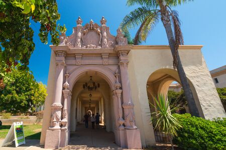 San Diego, California/USA - August 12, 2019 Spanish architecture arch near Plaze de Panama, San Diego's Balboa Park, Californiaのeditorial素材
