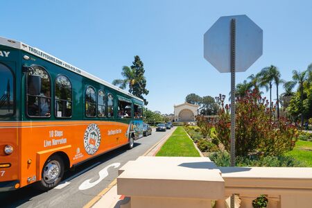 San Diego, California/USA - August 12, 2019 Balboa Park tour. Park has a bit of everything, including museums, grand architecture, gardens. Tourists can use Hop-on Hop-off Bus Tour.のeditorial素材