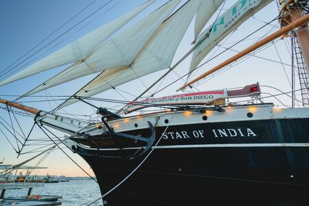 San Diego, California/USA - August 14, 2019  The Maritime Museum of San Diego. The centerpiece of the museum's collection, an 1863 iron bark, historic "Star of India"のeditorial素材