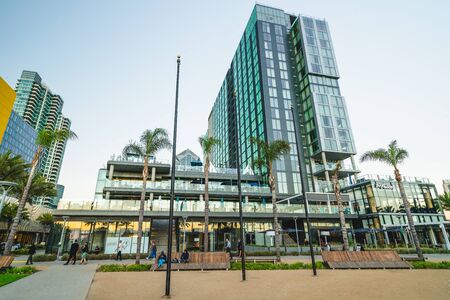 San Diego, California/USA - August 14, 2019  San Diego modern architecture. Apartment buildings and restaurants with views of San Diego bay. Appartment buildings and "Del Frisco's Double Eagle Steakhouse", gorgeous restaurant with views of San Diego bay.のeditorial素材
