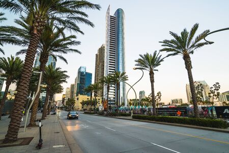 San Diego, California/USA - August 14, 2019  San Diego modern architecture. Pacific Highway & Broadway intersection. Night scene, traffic, city lifeのeditorial素材