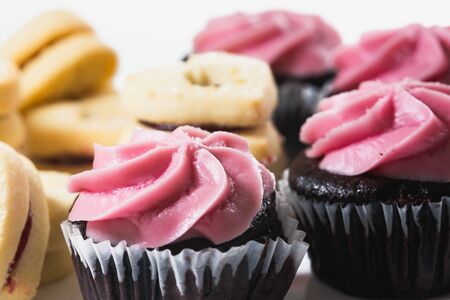 Chocolate cupcakes with raspberry buttercream frosting, and heart shaped cookies close up on white background.の写真素材