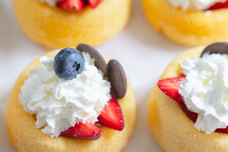 Biscuit cakes with fresh strawberries, blueberries, chocolate, and whipped heavy cream. Fresh mini biscuit cups close up on white background.の写真素材