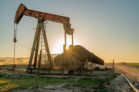 Oil pump and agricultural field at sunset. Oil industry equipment in a rape chainの写真素材