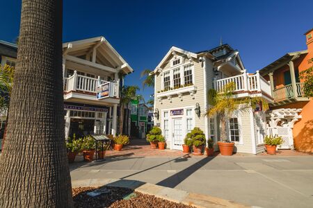 Avila Beach, California/USA - February 20, 2020  Avila Beach city promenade filled with restaurants, shops, patios, benches, and art.のeditorial素材