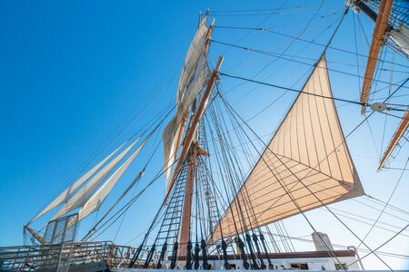 System of ropes, cables and chains, which support a sailing ship's mastの写真素材