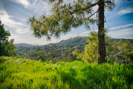 Los Angeles, California/USA - April 8, 2018 Griffith Park hiking trail. The area is famous for its Hollywood sign, Griffith Observatory, and spectacular views of downtown Los Angelesのeditorial素材