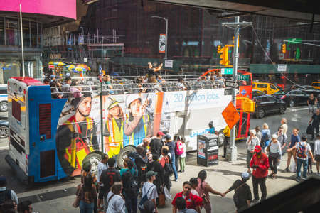 New York City/USA - May 24, 2019  New York City Hop on Hop off Tour Bus, Broadway.  Street view, city life, tourists, architectureのeditorial素材