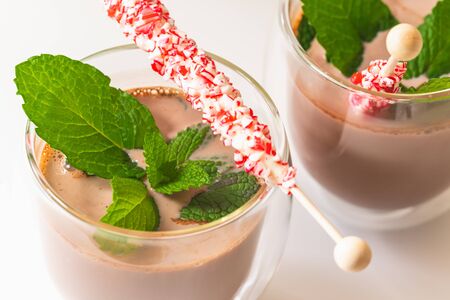 Hot cocoa with mint leaves and peppermint stirrers candies close up in a glass cups on white background. Delicious drink with light sweet mint tasteの写真素材