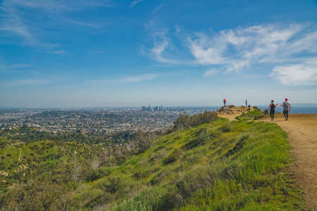 Los Angeles, California/USA - April 8, 2018 Griffith Park hiking trail. The area is famous for its Hollywood sign, Griffith Observatory, and spectacular views of downtown Los Angelesのeditorial素材