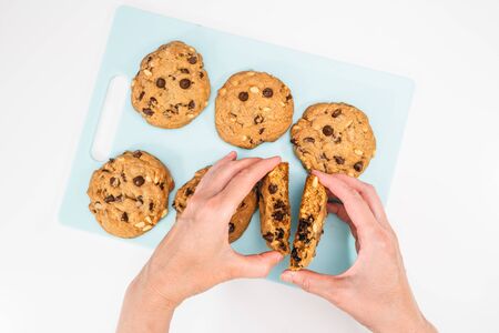 Chocolate Chip Cookies. Fresh baked dessert close up on white background, view from aboveの写真素材