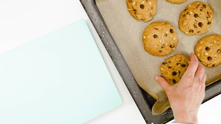 Chocolate Chip Cookies with pine nuts close up on a baking sheet. Homemade old-fashioned Chocolate...