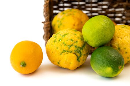Lemon, lime, Bush lemon close up. Fresh ripe organic fruits in wicker basket, isolated on white backgroundの写真素材