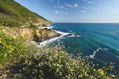 Big Sur, California. Popular touristic destination famous for its dramatic scenery. Stunning view of Pacific ocean, cliffs, and beautiful native plants on the beachの写真素材