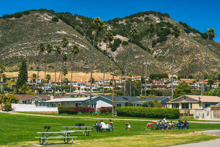 Pismo Beach, California/USA - June 7, 2020  Pismo Beach, charming beach town in California Central Coast. View from Spyglass Park, small green area with green lawn and  kids playgroundのeditorial素材