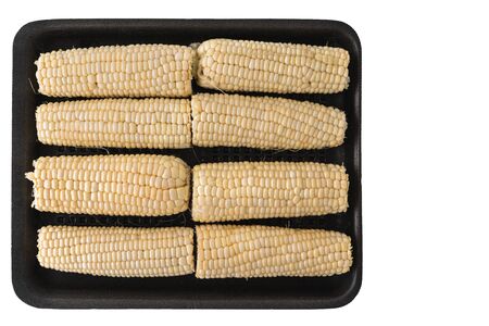 Raw corn close up. Fresh uncooked organic sweet corn in plastic container isolated on white background with copy spaceの写真素材