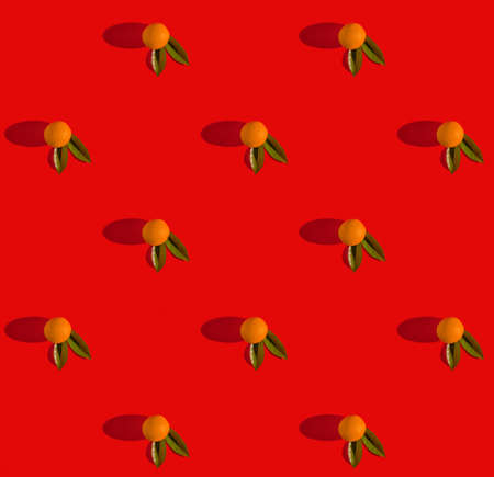 Oranges fruits and leaves on red background creative square pattern, flat layの写真素材