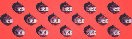 Red Christmas pattern. Red bulbs with Christmas ornament on vintage red background